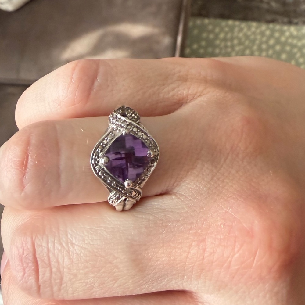 925 Sterling Silver Amethyst Cushion Cut Halo Ring Purple Gemstone Statement